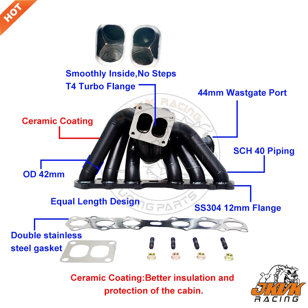 

JKVK RACING Черное керамическое покрытие из нержавеющей стали 3,0 мм, равная длина T4, турбовыпускной коллектор для 1JZ-GTE NON VVTI