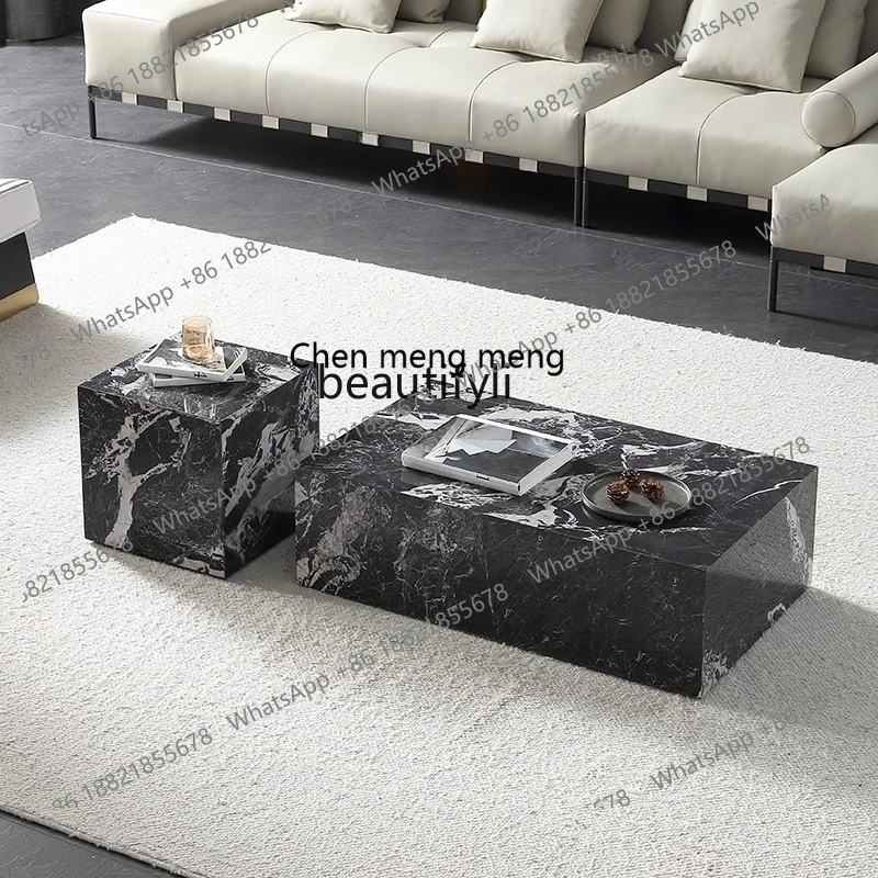 X Light luxury rock slab coffee table, modern simple floor-to-ceiling high-end living room, square coffee table