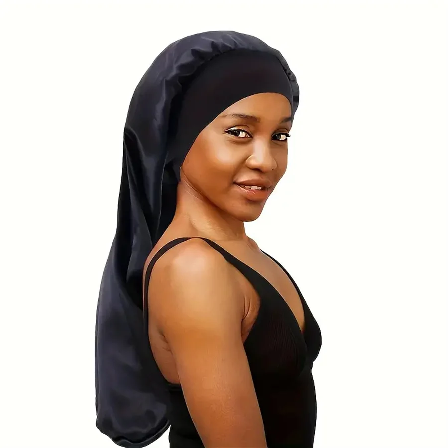 New Women Long Satin Bonnet Sleep Cap Silky Sleeping Cap with Wide Elastic Band Hair Care Turban Braids Curly Hair Natural Hair