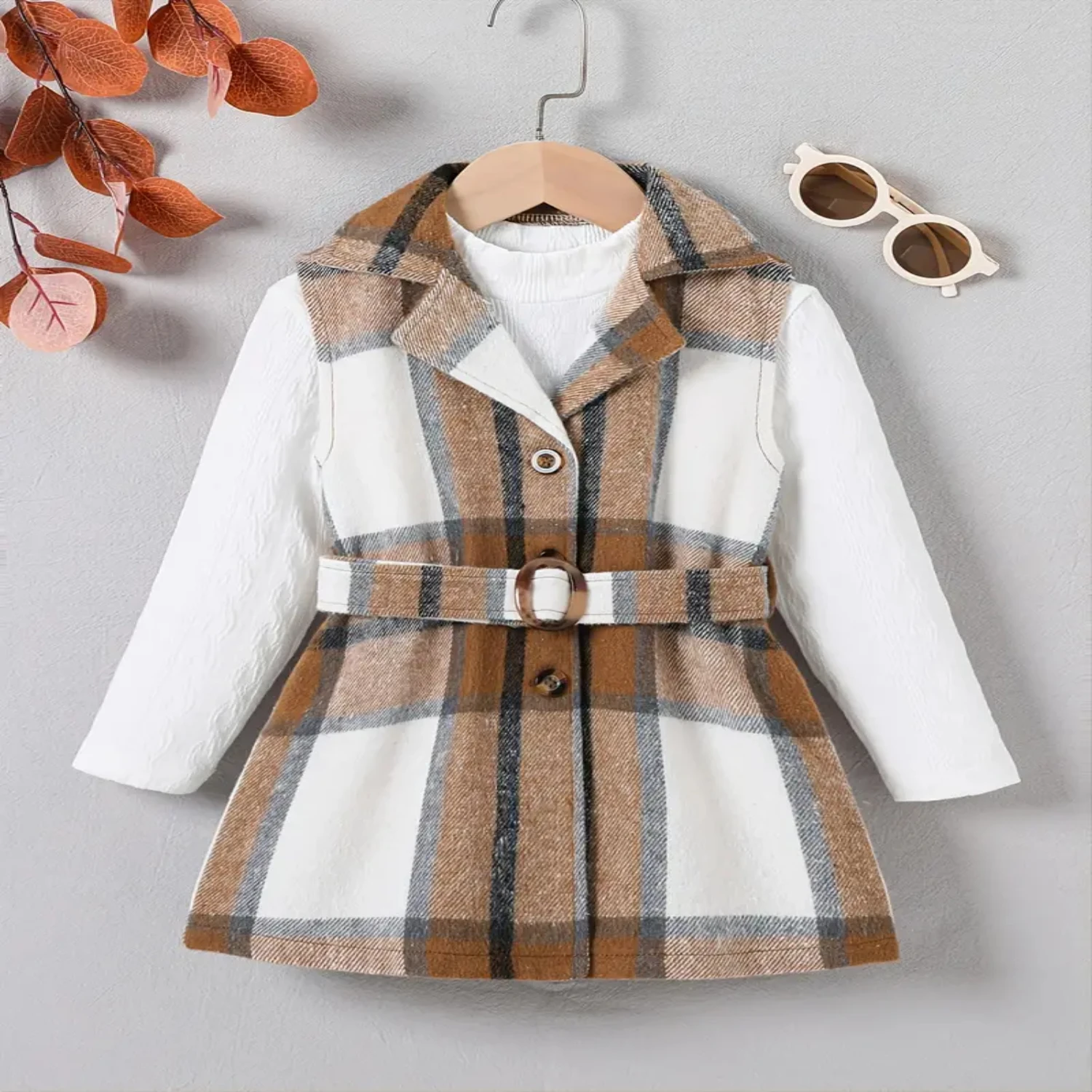 Girls' Textured Mock Neck Tee & Plaid Belted Sleeveless Jacket - Stylish Kids Clothing