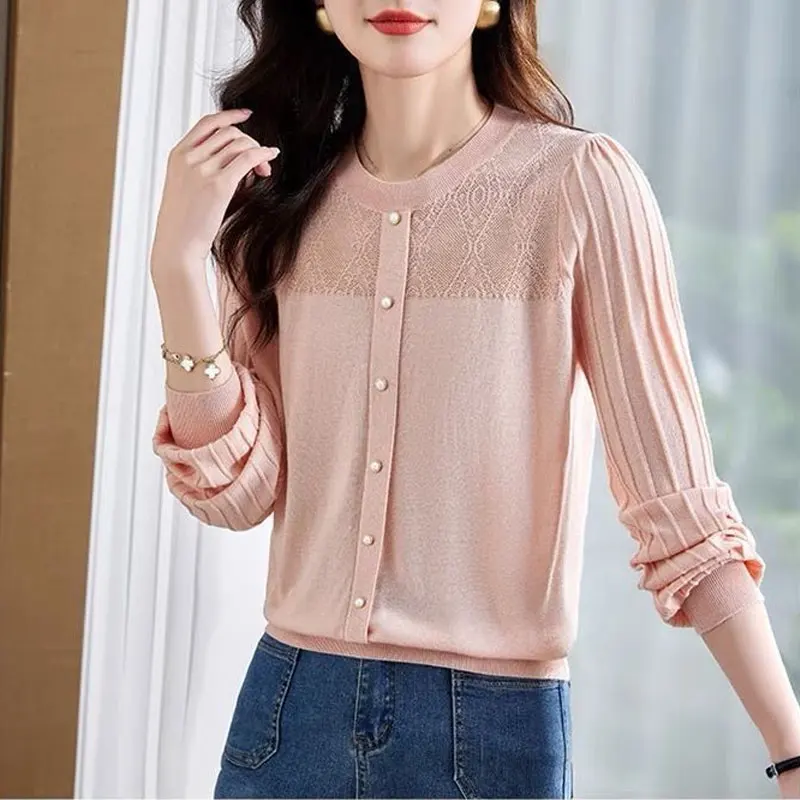 Female Clothing Fashion Hollow Out Blouse Korean Solid Color Spring Autumn Commute Button Loose Casual Round Neck Knitted Shirt