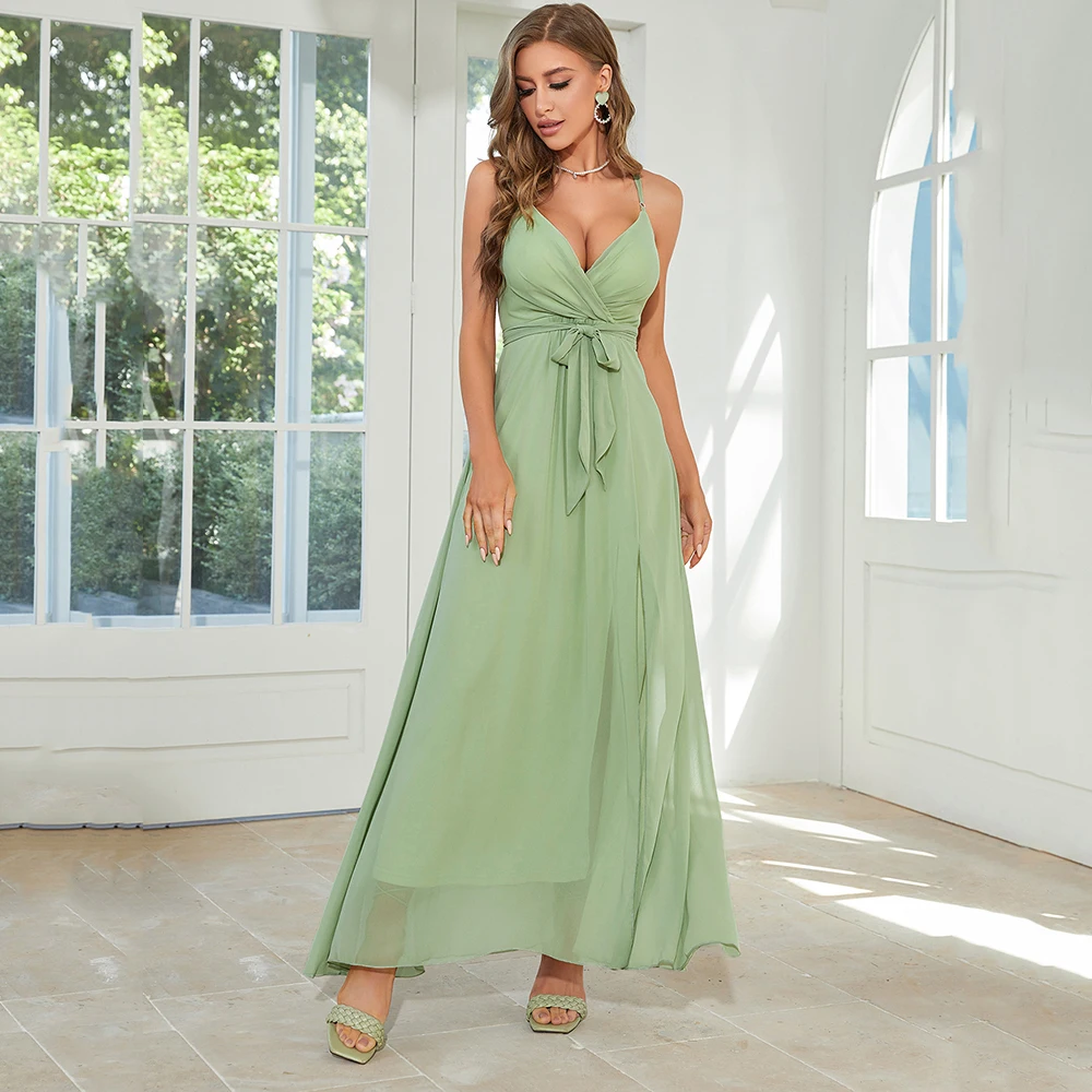 

Customized Exquisite Solid Color Sexy Backless Spaghetti Strap Prom Gown Sleeveless V Neck Chiffon Evening Party Dresses Banquet