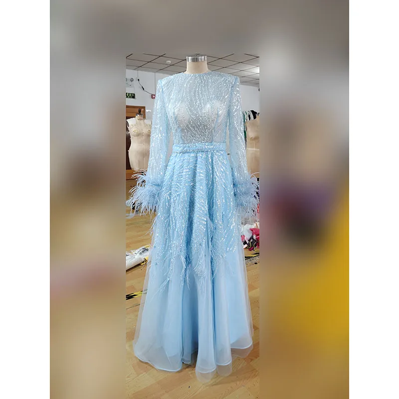 Exquisitos vestidos de baile de graduación con lentejuelas brillantes, cuello redondo, mangas largas, vestido de noche de fiesta de cóctel con plumas, vestidos de celebridades