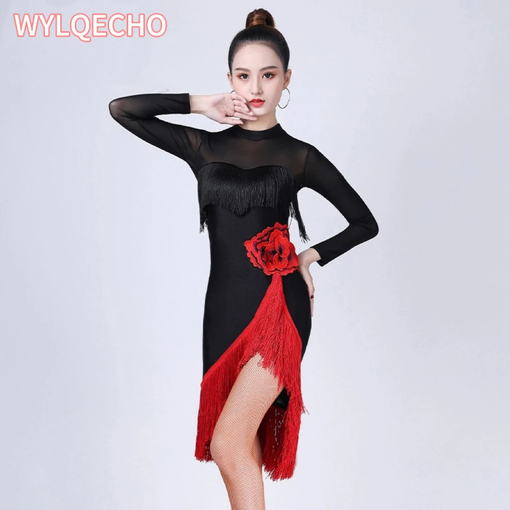 Long Sleeve Dress Women Dresses Big Red Flower Tassel Dance Skirt Latin Dancing Latina Black Sexy Girls Adult Costume Rumba 2023