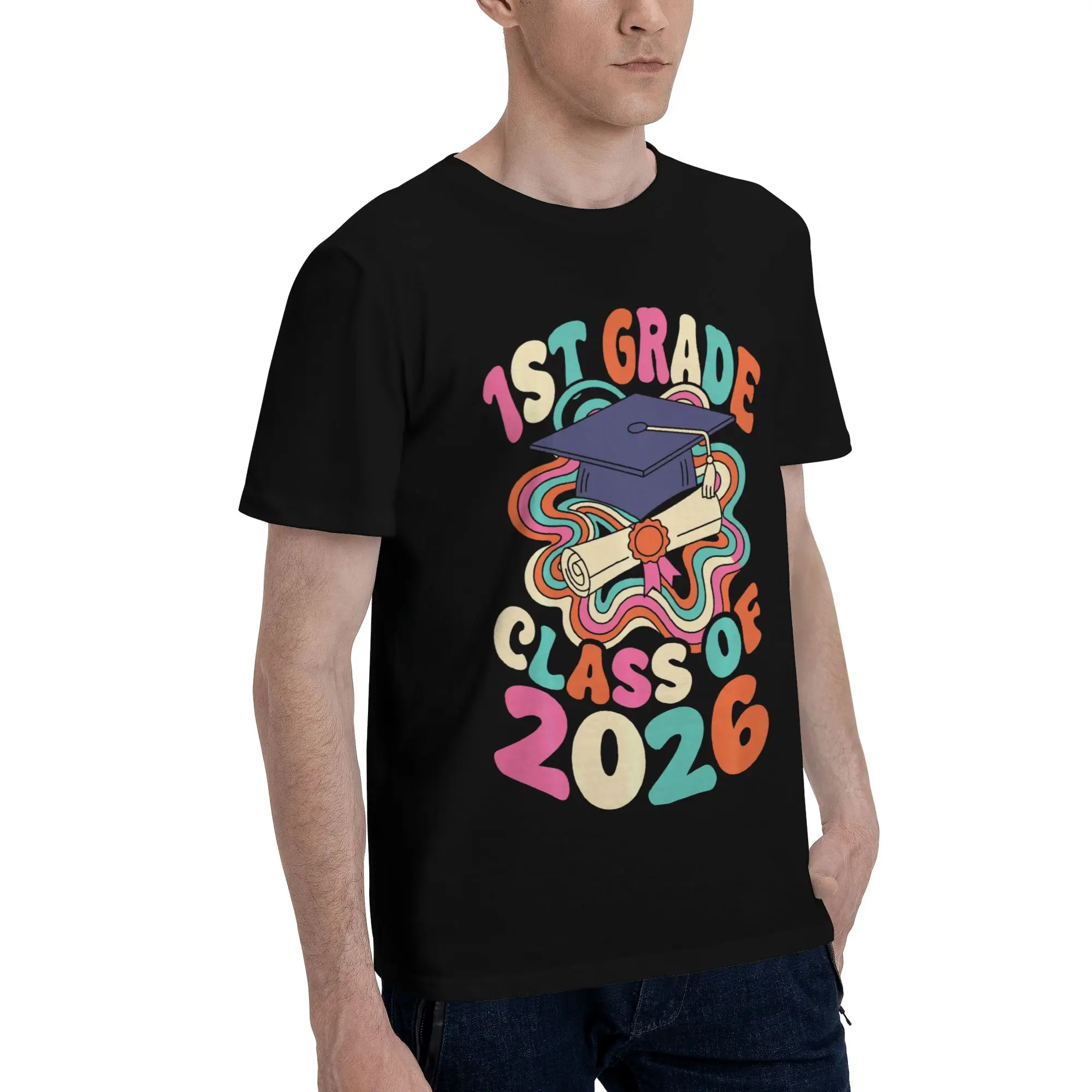1st Grade Graduation Graduate Retro Groovy  Graphic 100% Cotton T-Shirt class of 2026 Tops Tees For Men