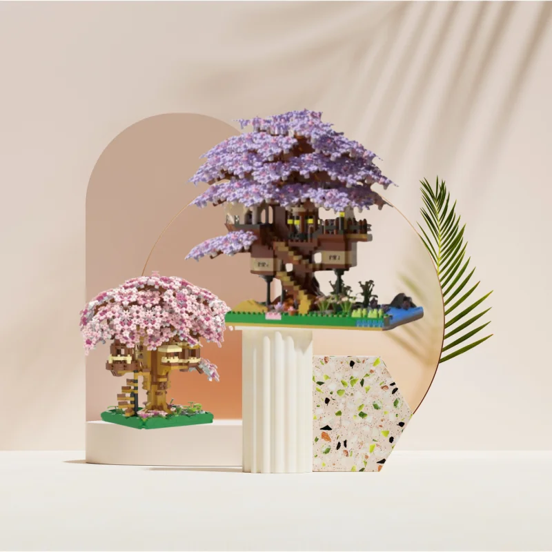 1000+ Teile Kirschblüten-Baumhaus-Bausteine, Heimdekoration, stilvolle Raumverschönerung, Weihnachtsgeschenk (ohne Box) – Detail 6