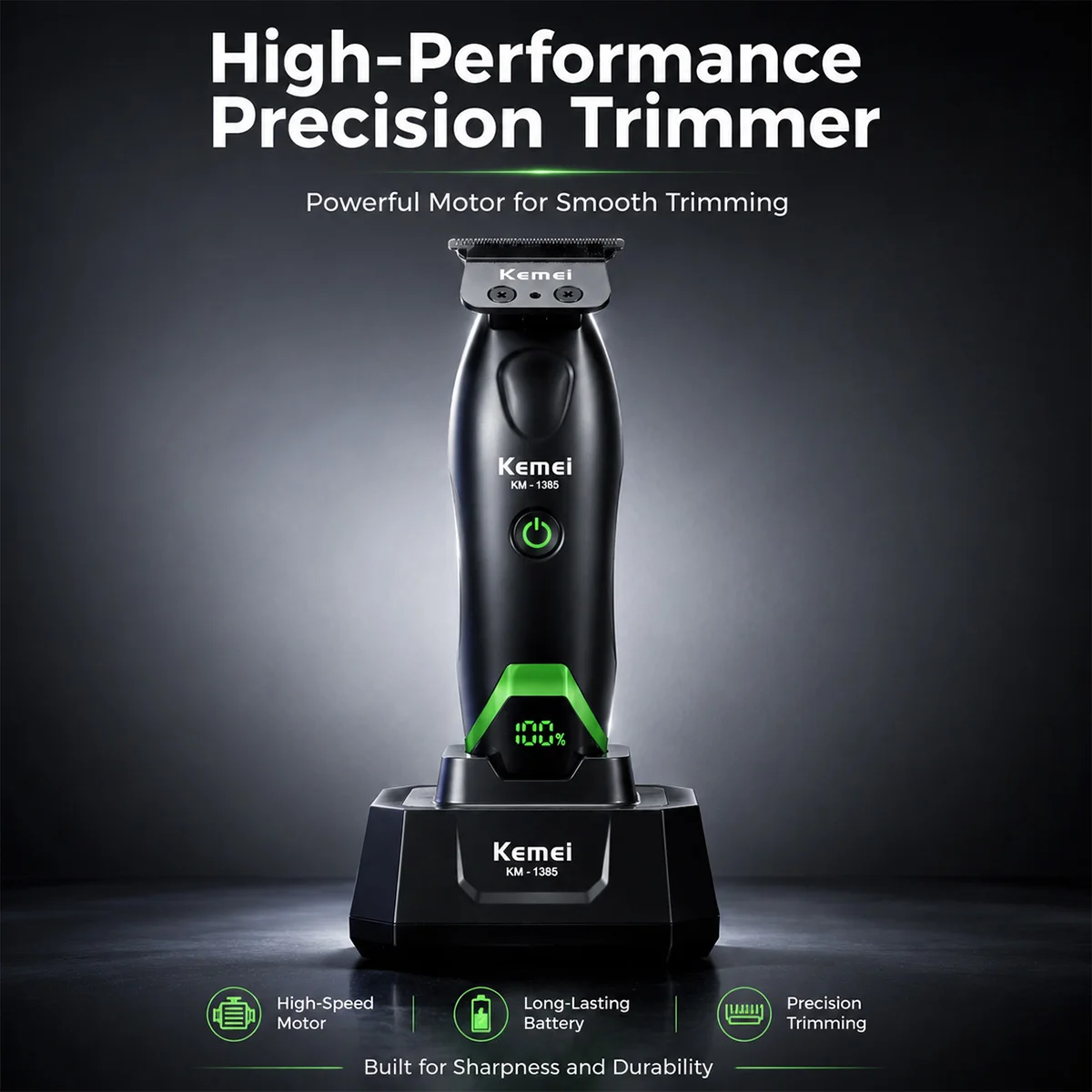 Kemei KM-1385 Trimmer for Men T-Blade 7500RPM 5W DC Motor with Dock LED Display Professional Hair Clipper Finishing Machine