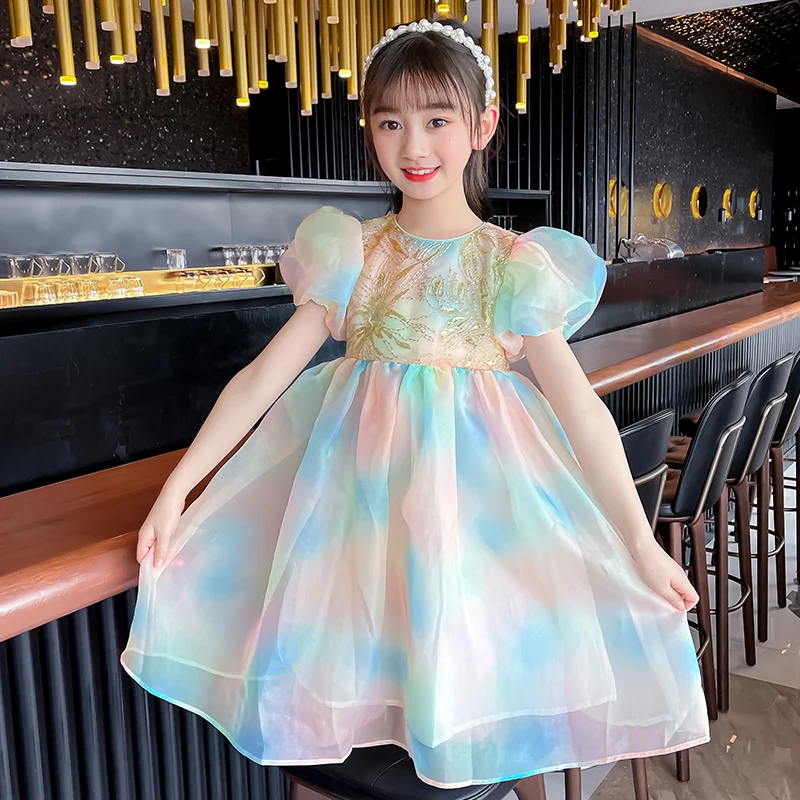 Brand summer dresses for girls 2022 new cheap rainbow color long skirts for children factory short sleeves spring autumn skirts