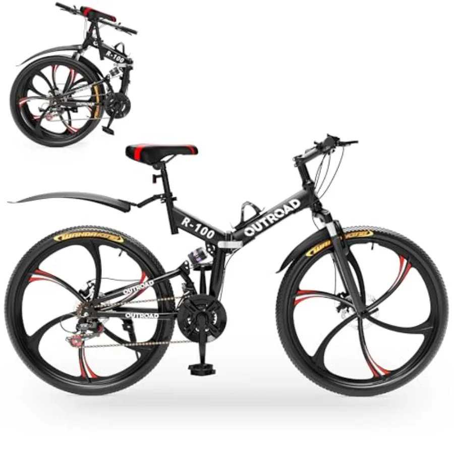 

Outroad 26 Inch Folding Mountain Bike 21 Speed Full Suspension High-Carbon Steel MTB Foldable Bicycle Dual Disc Brake Non-Slip