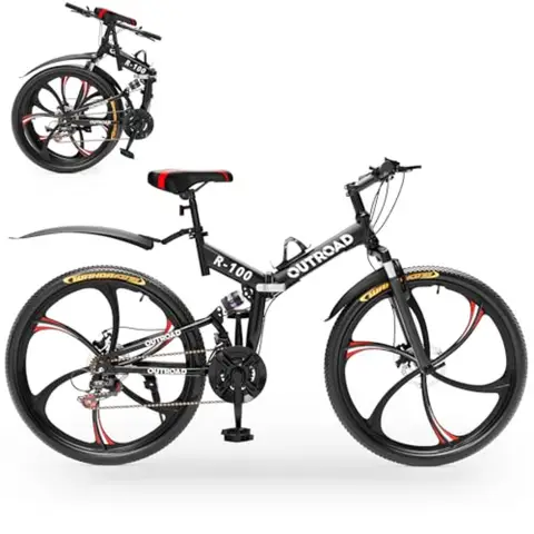 Outroad 26 Inch Folding Mountain Bike 21 Speed Full Suspension High-Carbon Steel MTB Foldable Bicycle Dual Disc Brake Non-Slip