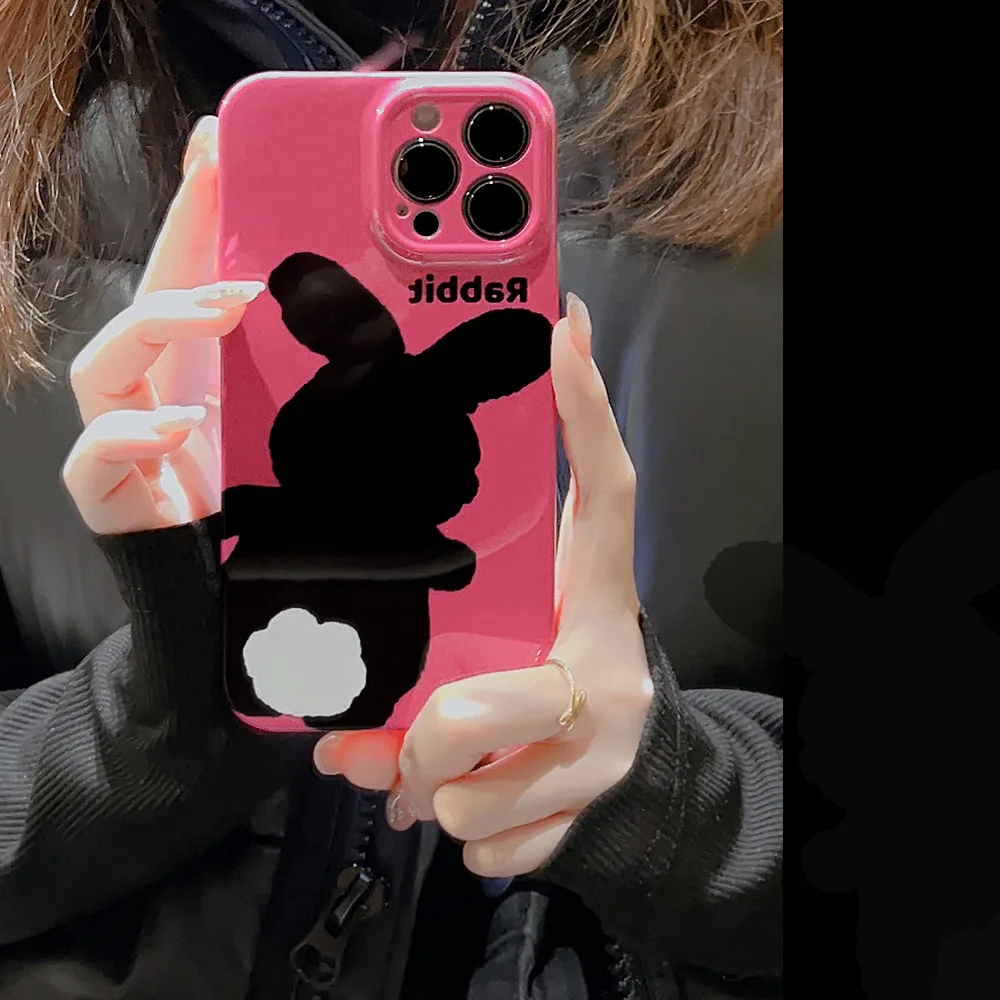 

Korea Film Prints Black Bunny Neon Hard Phone Case For iPhone15 14 13Pro 11 12 Xsmax XR 78PLUS SE2020 Full Skin Shell Protection