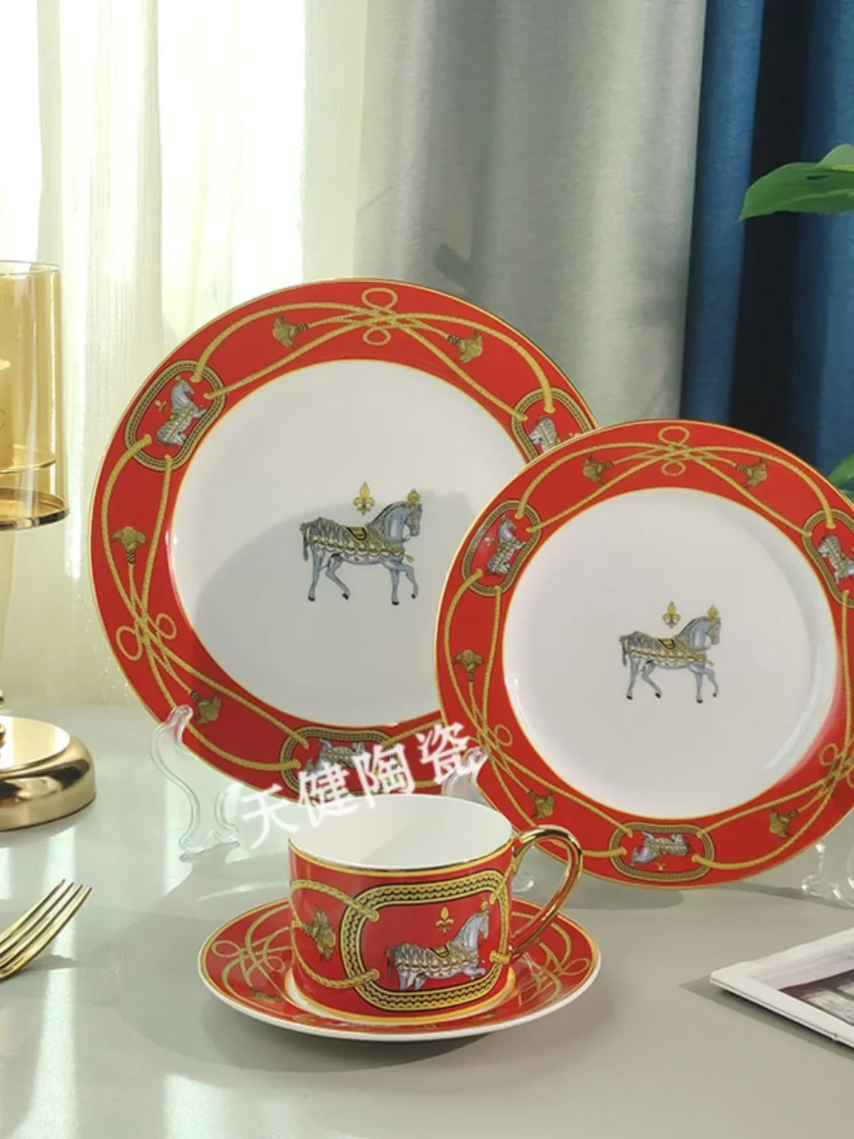 Juego  platos  comida occintal  hueso  China, juego  café Retro europeo, Serie  caballo real naranja, utensilios p