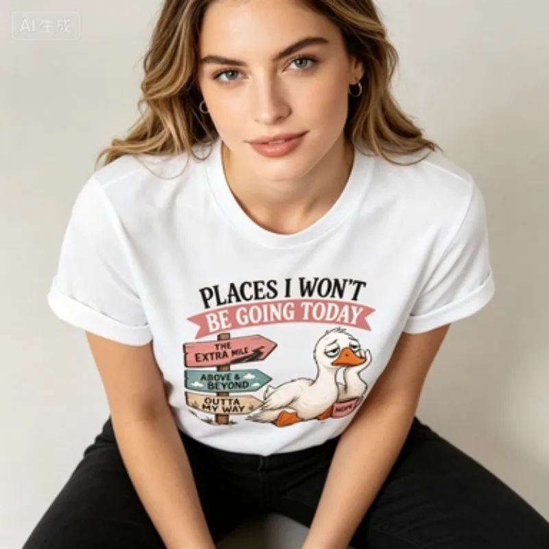 Ladies Soft  Round Neck Tee Humorous Sassy Duck Road Sign Coffee Cup Print Short Sleeve Casual Daily Gift Top