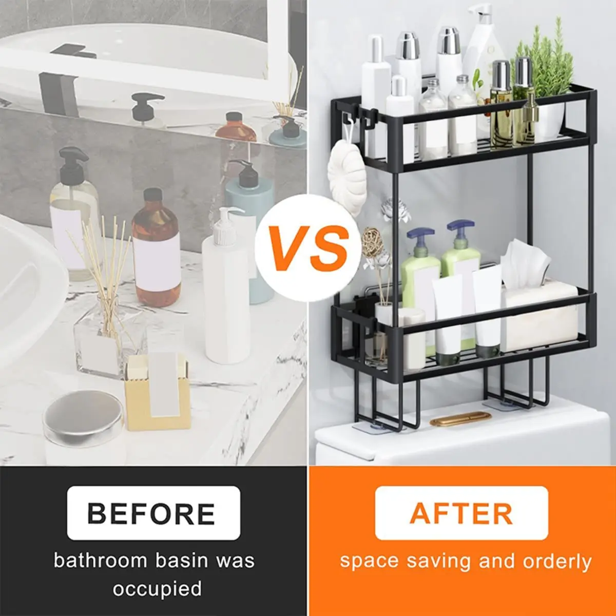 2-Tier over Toilet Storage Shelf - Wall Mounted with Hooks Paper Holder, Bathroom Space Saver Organizer for Home,Black