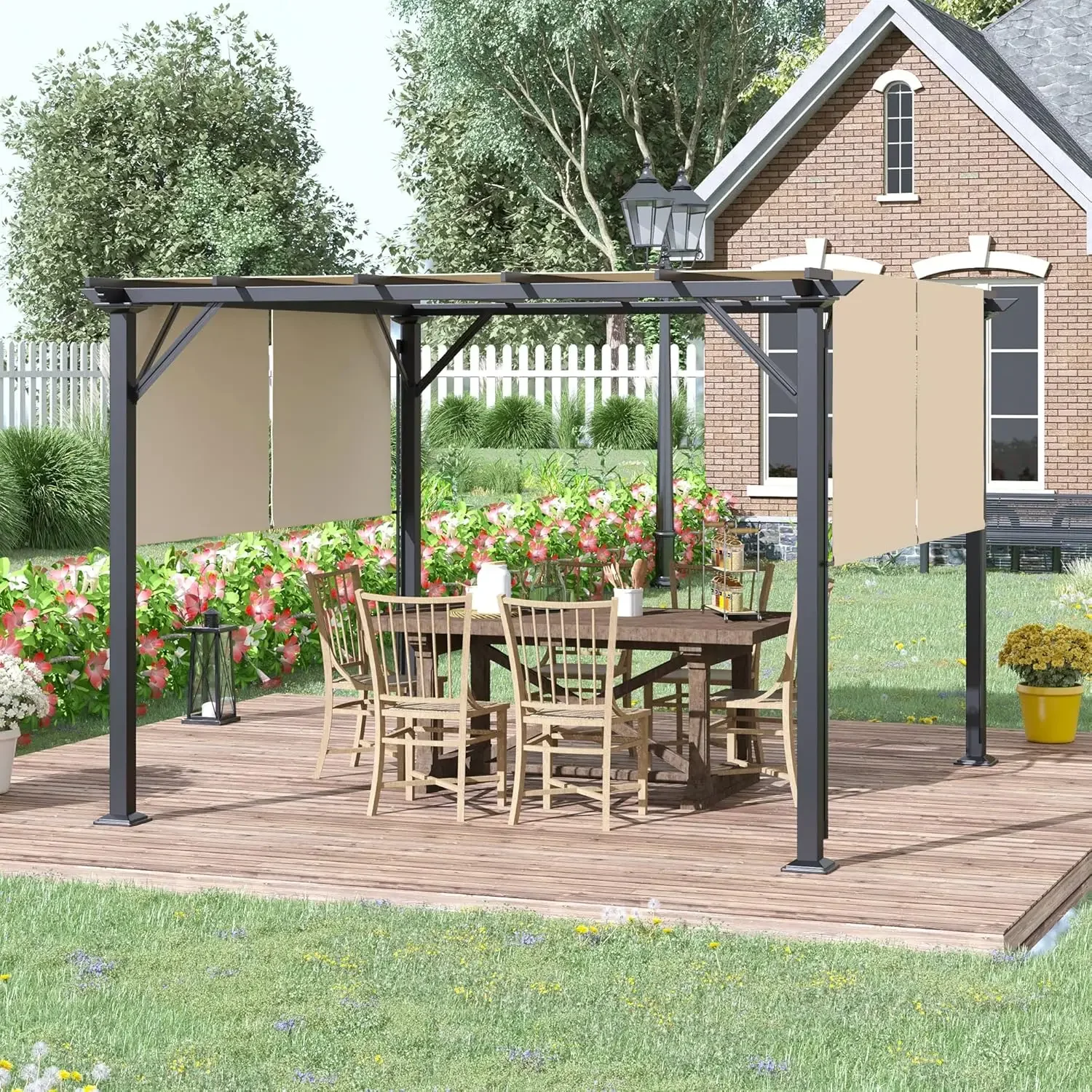 12 x 10 FT Outdoor Retractable Pergola Canopy with Sun Shade Unique Design Canopy Patio Metal Shelter for  Porch Beach, Beige