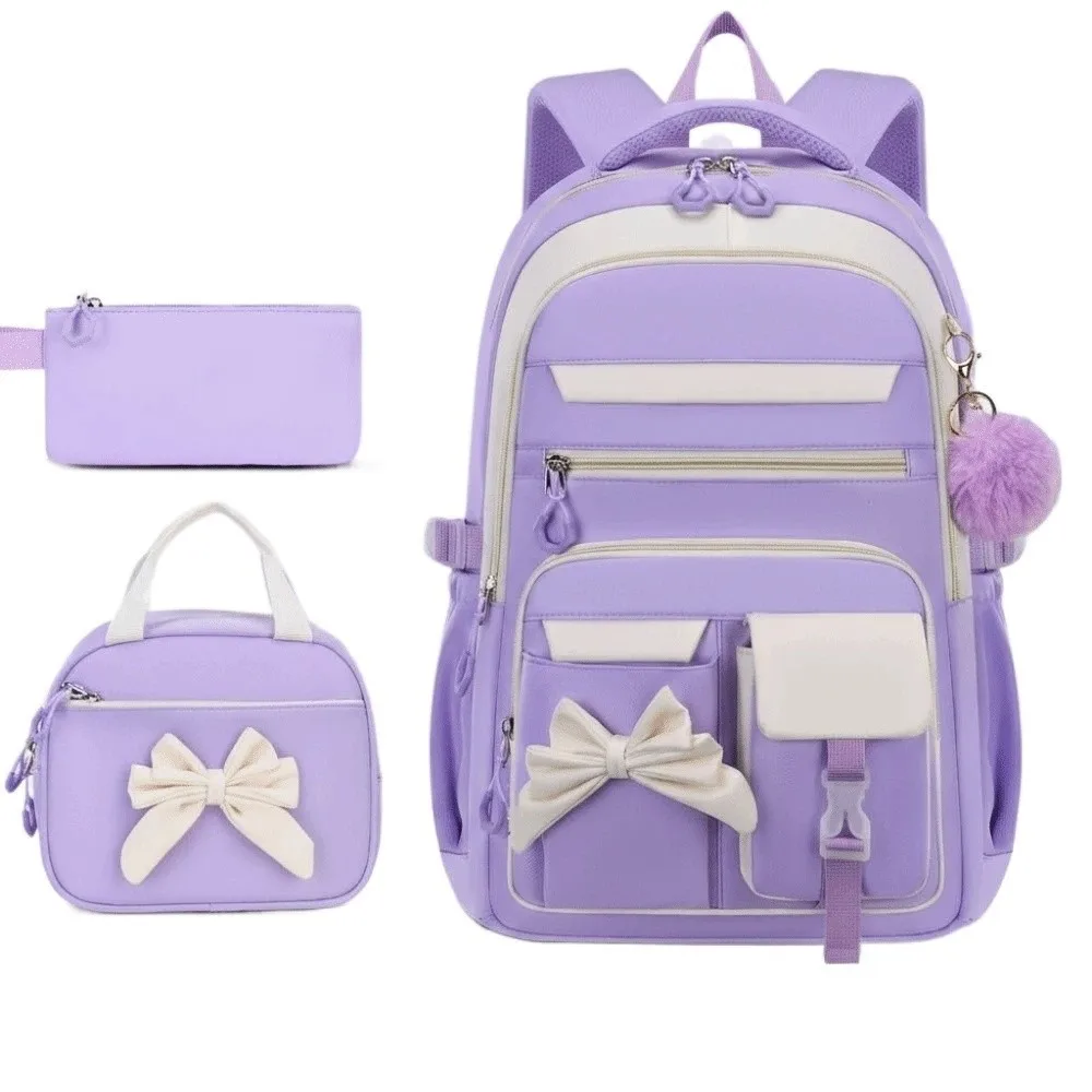 

Daypack Three-piece School Bag Set Casual with Lunch Bag Large Capacity Backpack Fixed Webbing with Pen Bag Nylon Bow Backpack