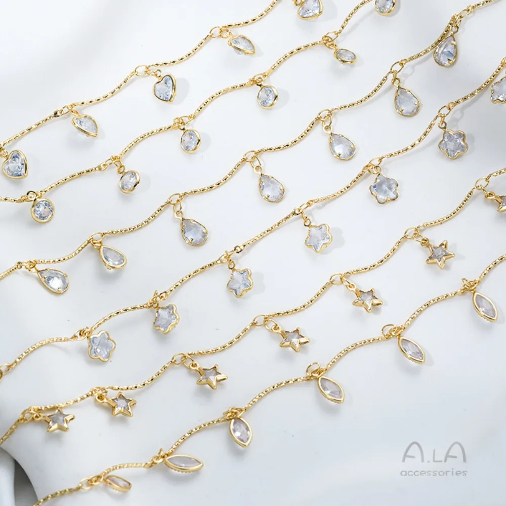 

14K Gold Color Hanging Zircon Peach Heart Water Drop Pentagram Small Flower Curved Stick Chain DIY Handmade Jewelry Loose Chain