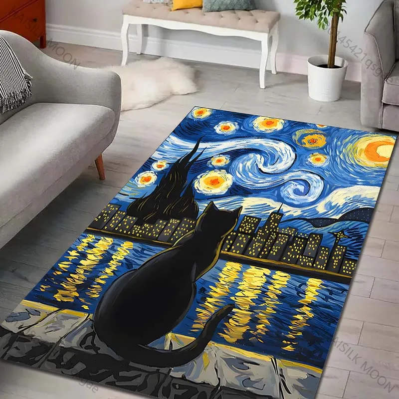 Multiple sizes Cat watches city night sky Print Carpet Rug for Living Room Bedroom Sofa Doormat Home Decor Non-slip Floor Mat