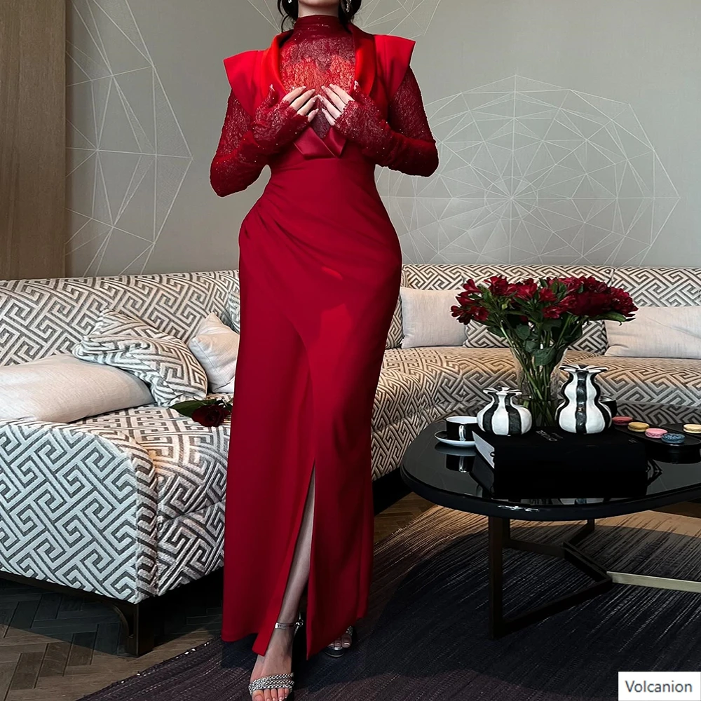 

Customized A-line Evening Dresses Ankle-length High-neck Full Sleeve Prom Gown Simple Fashion Lace Draped Casual Party Gown