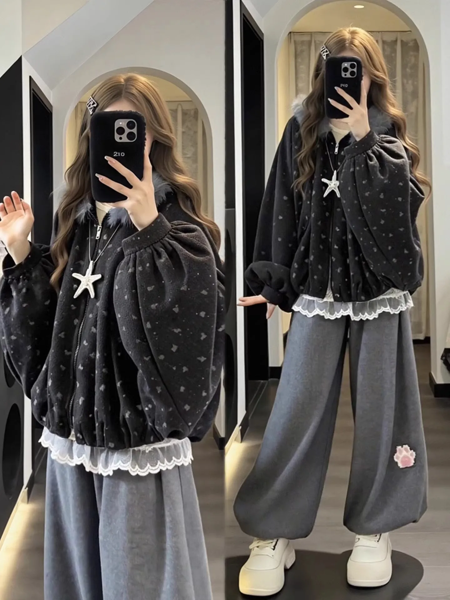 

plus Size Winter Faion Set with Fce Lined Cotton Jaet And Wide Leg Pants Batwing Sves Women's Sle Ensemble