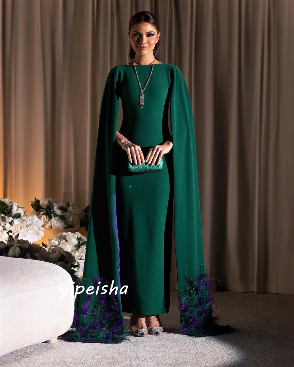 Customized  Elegant Sizes Available High Collar Sheath Anke length Skirts Feathers Charmeuse Evening Dresses