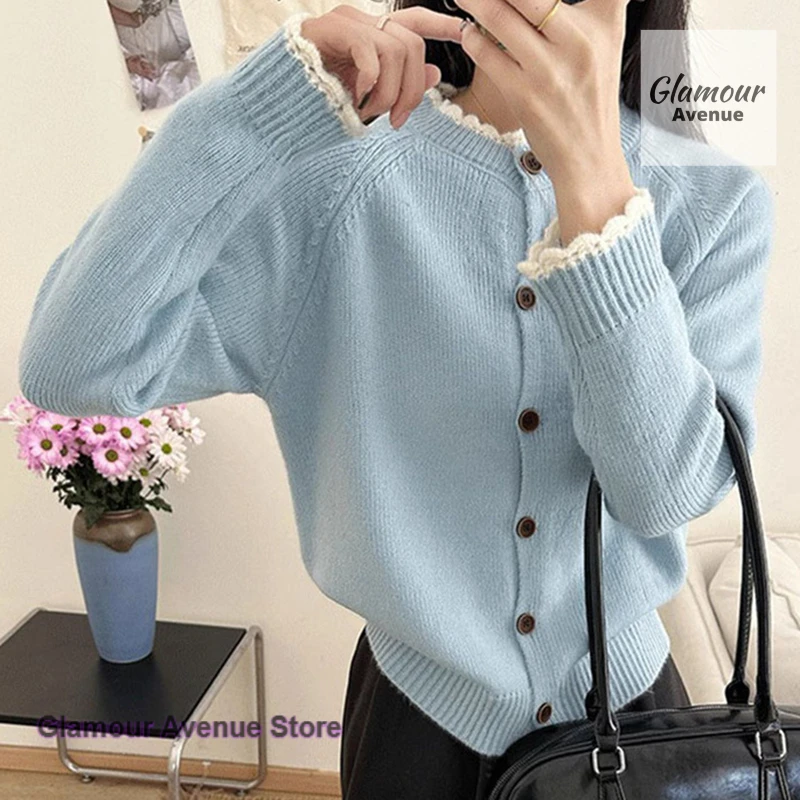 フレンチカラーマッチングレースニットカーディガンコートレディース秋冬新作ラウンドネックセータールーズ年齢軽減シックトップ