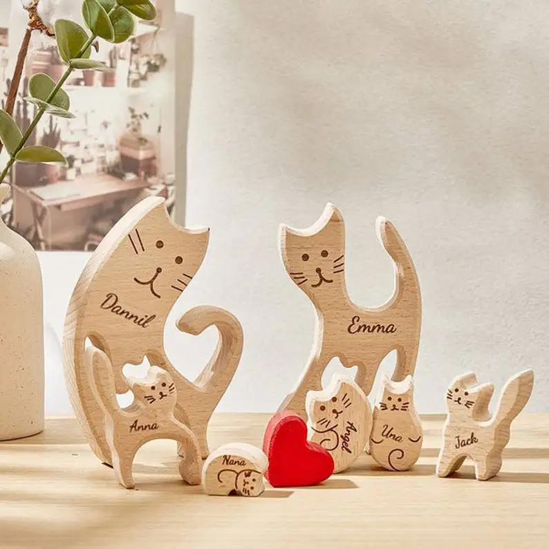 Personalized wooden cats, customized family members' names, jigsaw home decoration gifts, personalized wooden pet carvings