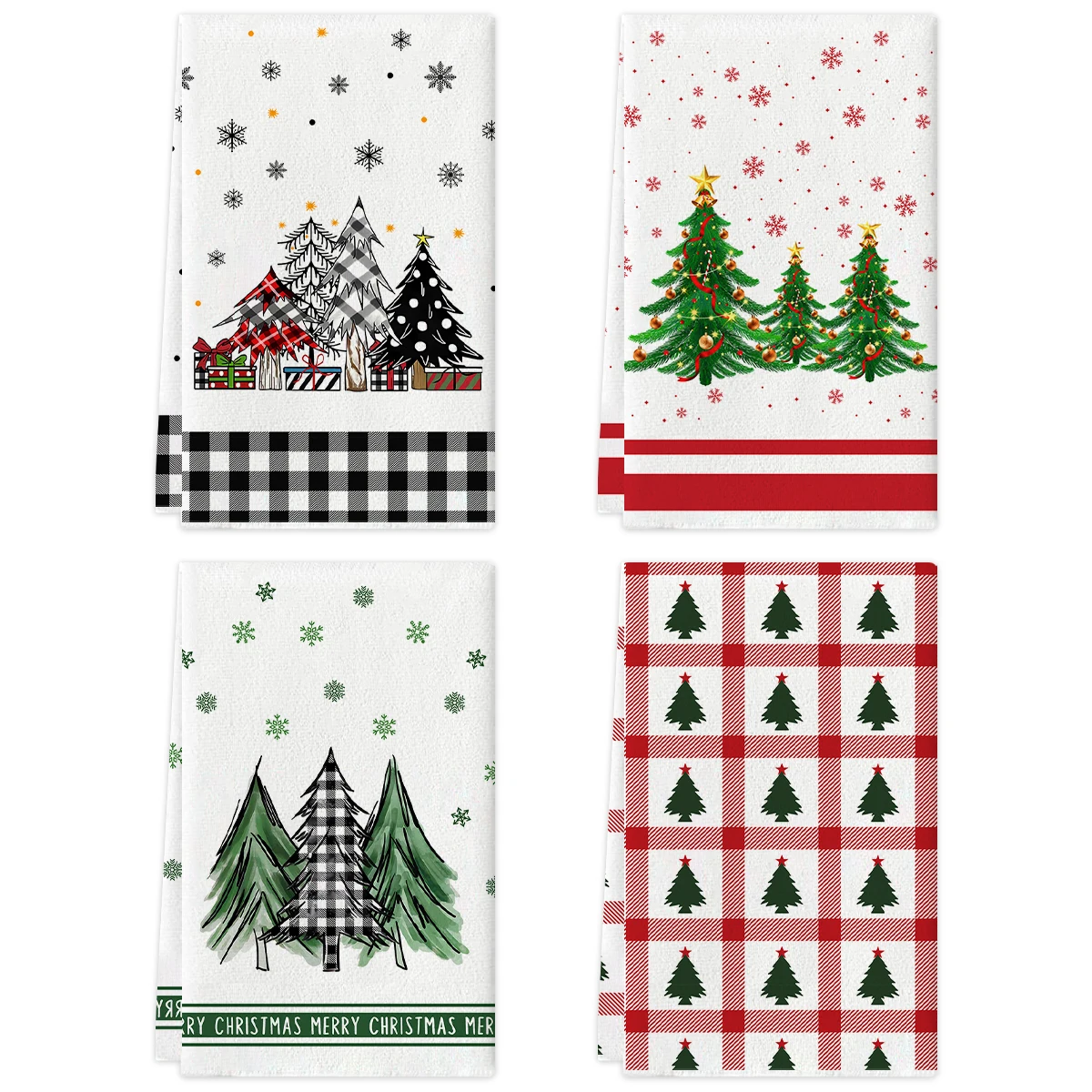 2/4pcs Christmas kitchen towels, green Christmas tree snowflake checkered pattern dishwashing towels, home decoration towel set,