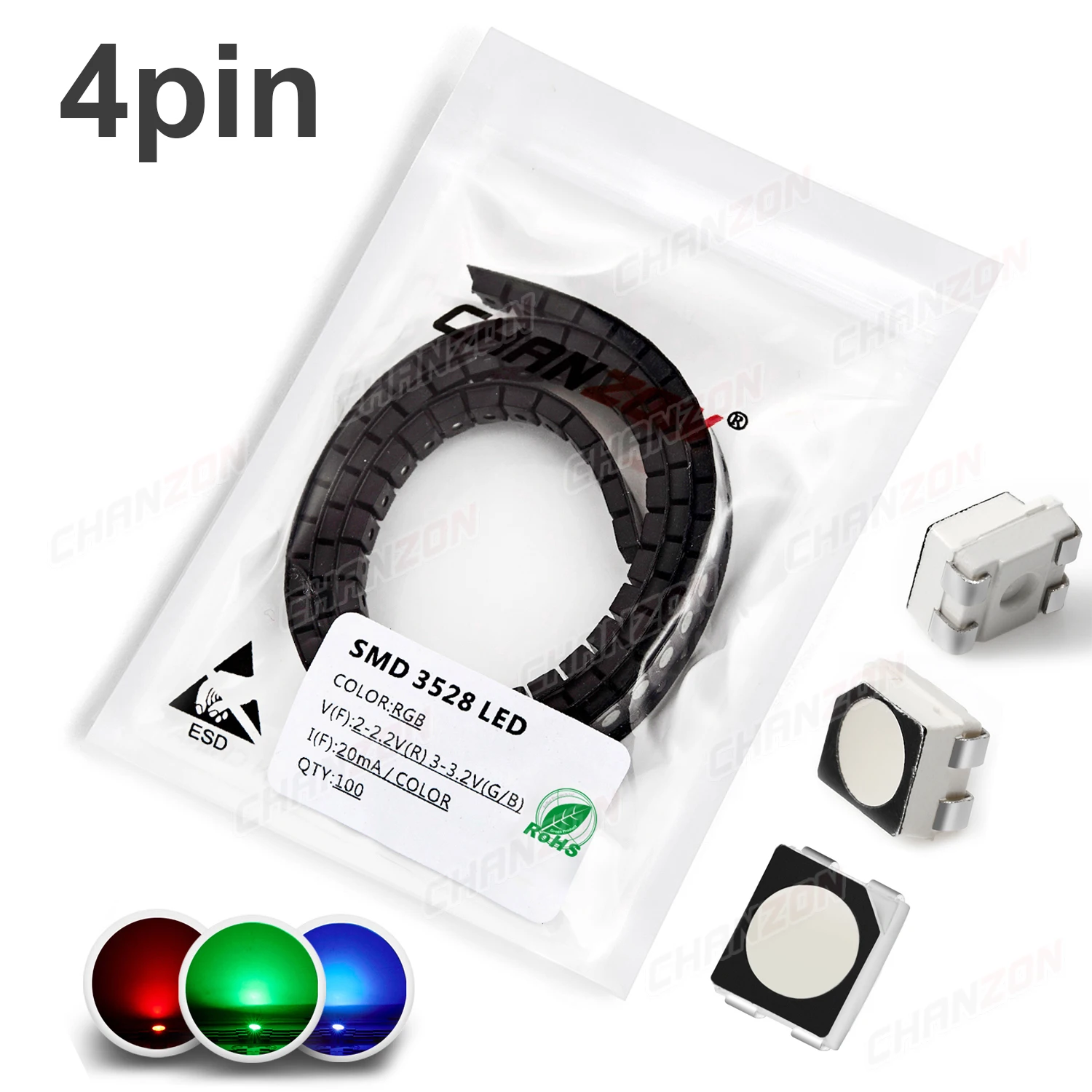 100 LEDs Bleues PLCC4 1210 3528 – Super Brillantes, SMD, 1000 Mcd, 462.5 Nm