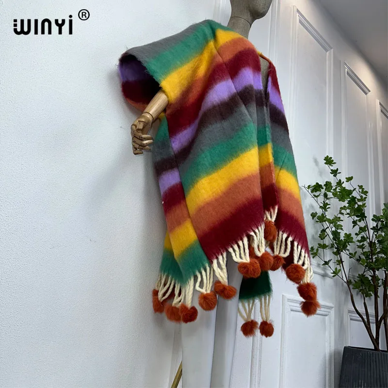 WINYI Winter stripe color cloak High Quality poncho Long Loose OverCoat Thick Warm Female coat for women Hanging ball cardigan