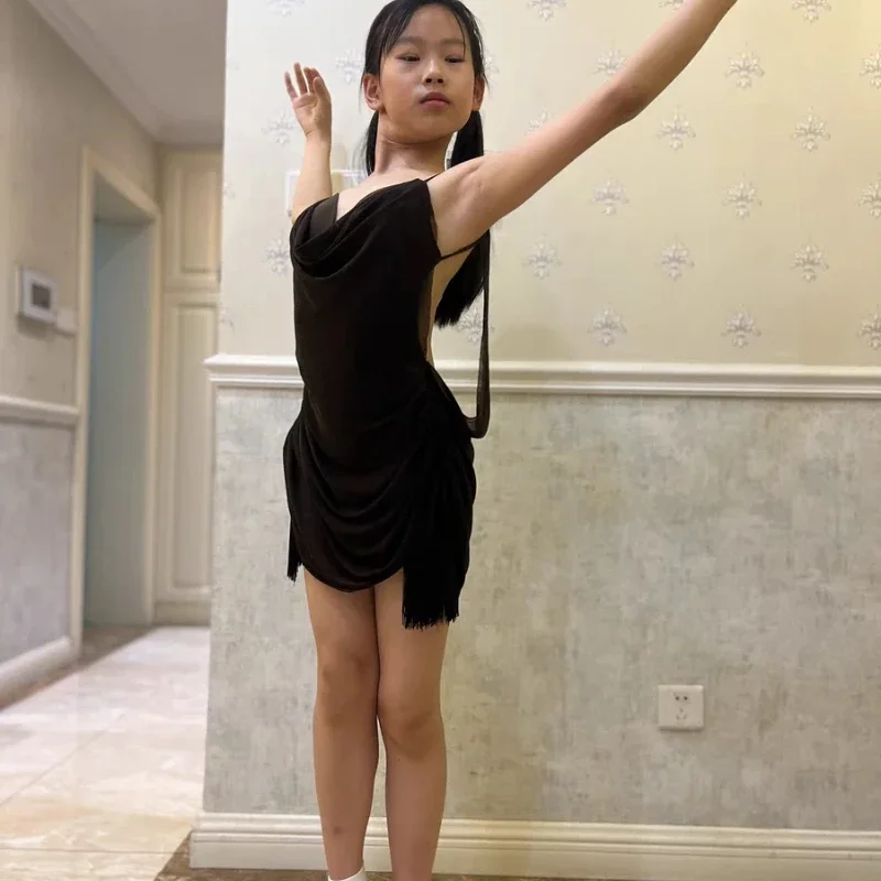 Novo vestido de dança latina meninas sem costas roupas de dança cha cha rumba franja vestido preto prática roupas vestido de competição