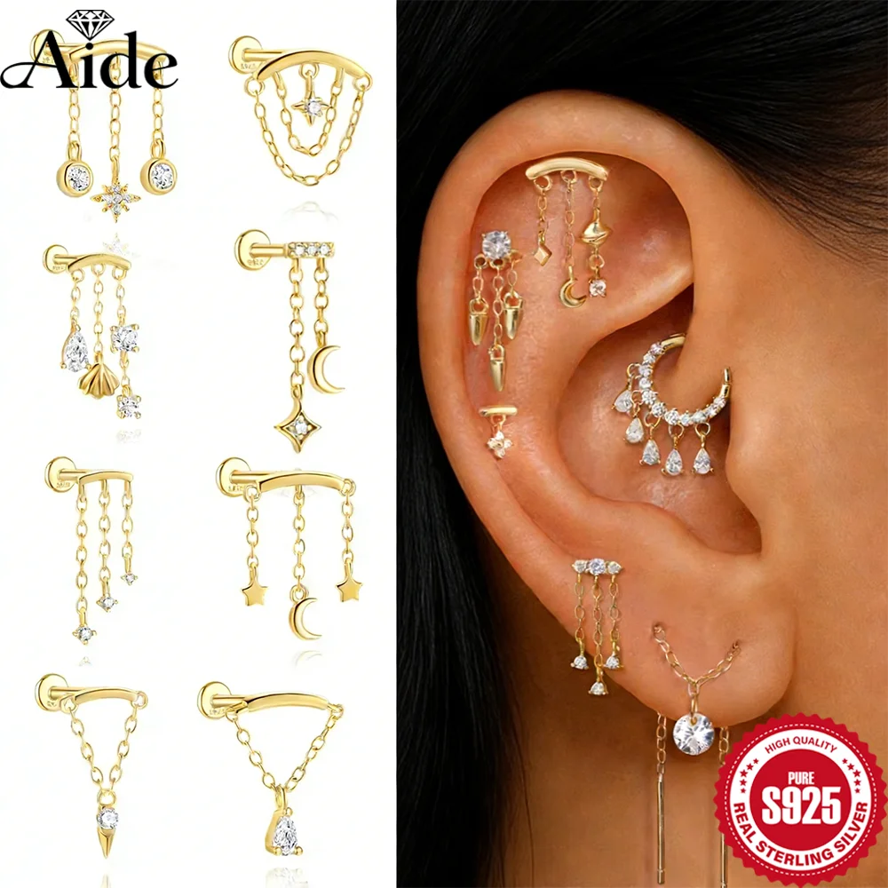 AIDE 1 Stück 925 Sterling Silber Stern Mond Quaste Piercing Ohrring Damen Zierlicher Mehrstiliger Feiner Schmuck Valentinstag Geschenke