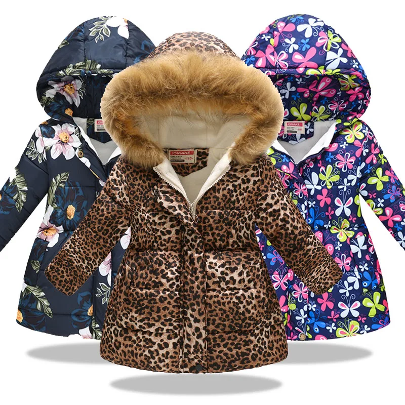 Winter Baby Girls Cartoon Printed long Jacket Kids Keep Warm Thick Leopard Parkas Coats Children Girls Outerwear Girls Clothes