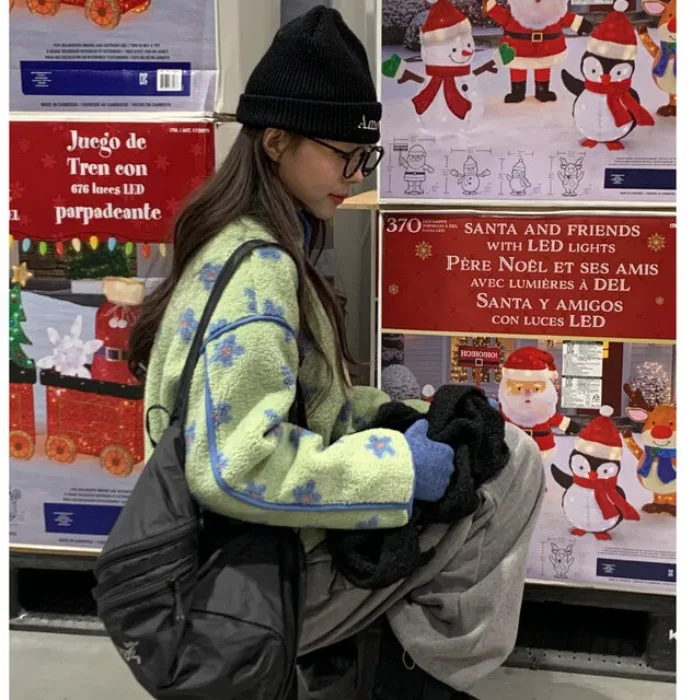 Warm Lamb Fur Jaet Blue Flower Pattern Retro Sle Women's Winter Coat Korean Sle Regular Fit Medium Softn Online Excl...