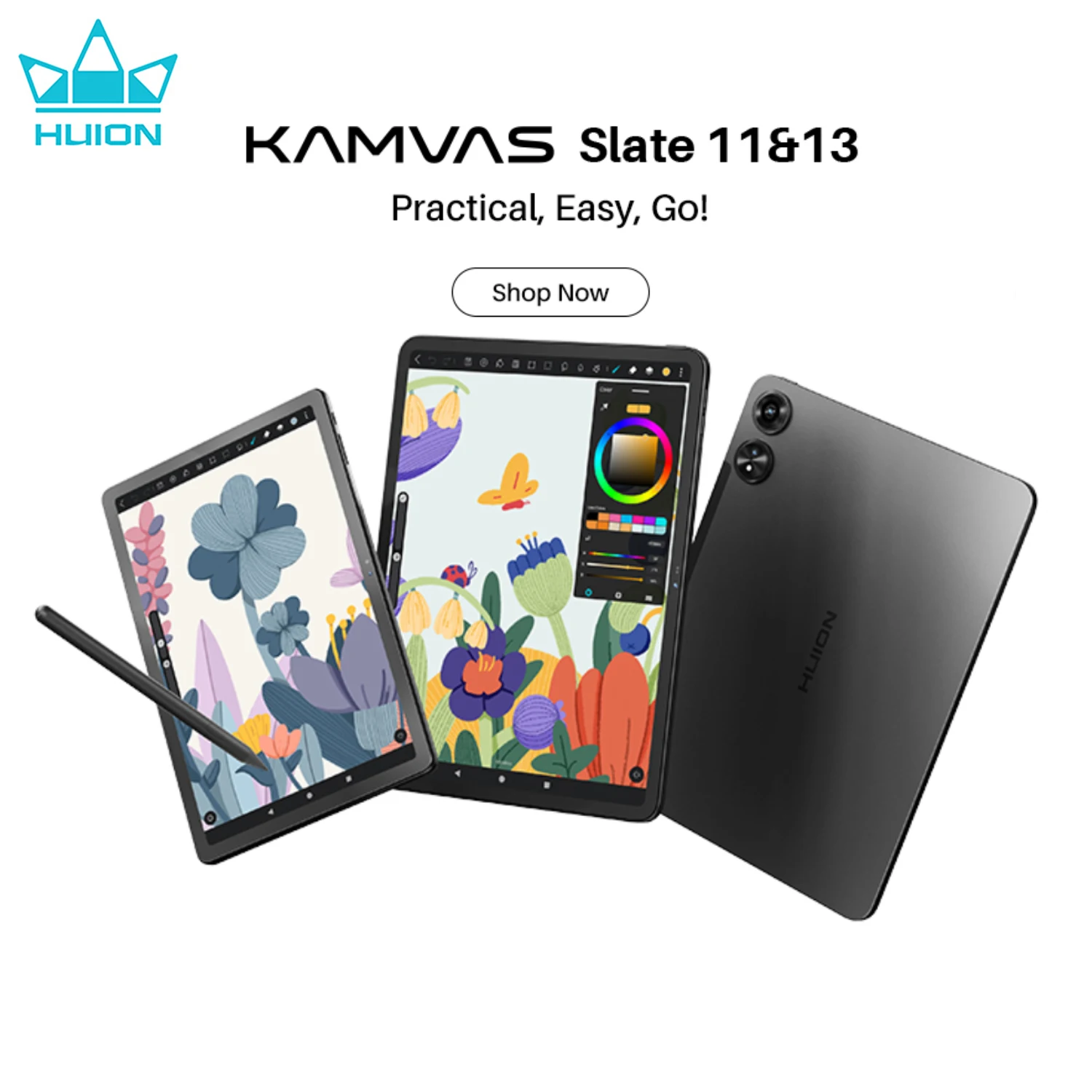 Huion Tablet Android 14 Kamvas Slate 11/13 Drawing Pad Portable Graphics Tablets Paper-Like Nature Color Writing, Dual Camera