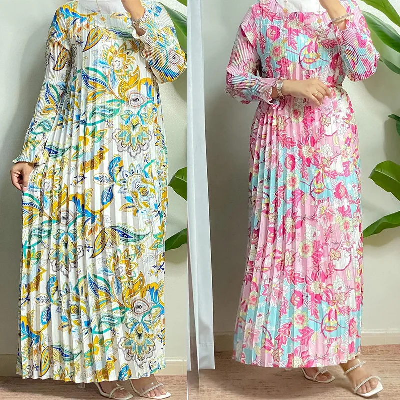 

Women Loose Abaya Robe New Long Sleeve Satin Pleated Tie Muslim Elegant Dress