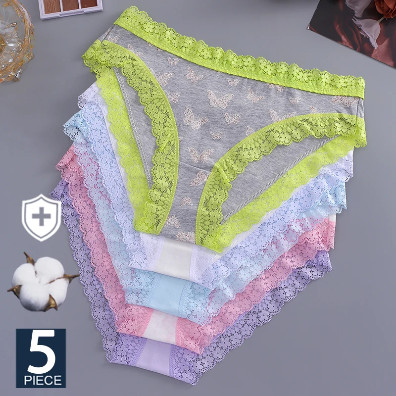 FINETOO 5Pcs Cotton Cute Panties Sexy Lace Floral Briefs Breathable Low Waist Panties Girls Comfort Sports Lingerie Intimates