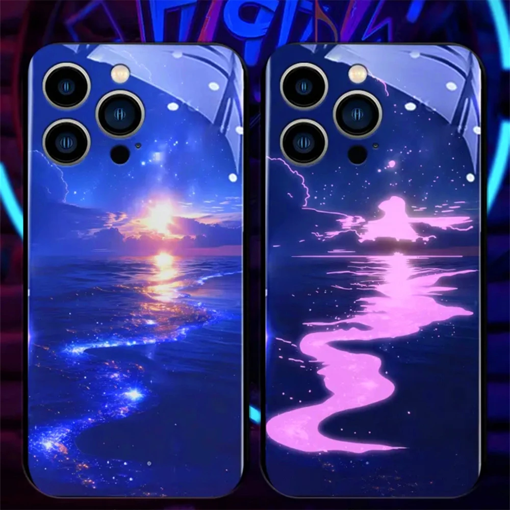 Sunrise Moon Sea Smart LED Light Glow Tempered Glass Phone Case For Samsung S24 S23 S22 S21 S20 FE Note 10 20 Plus Ultra A54 A14