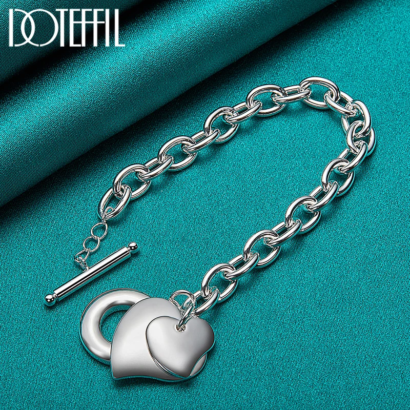 DOTEFFIL-Ensemble collier et bracelet double cœur en argent regardé 925 pour hommes et femmes, bijoux de fête de fiançailles de mariage