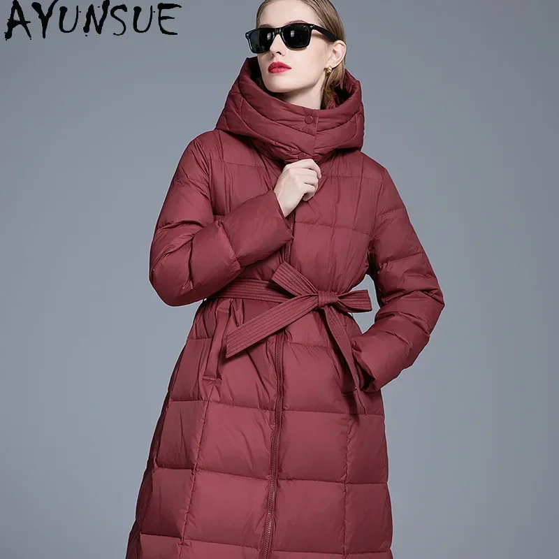 AYUNSUE White Duck Down Puffer Jacket Women 2024 New Arrivals Long Burgundy Down Coats Winter Luxury Clothes Пуховик Женский