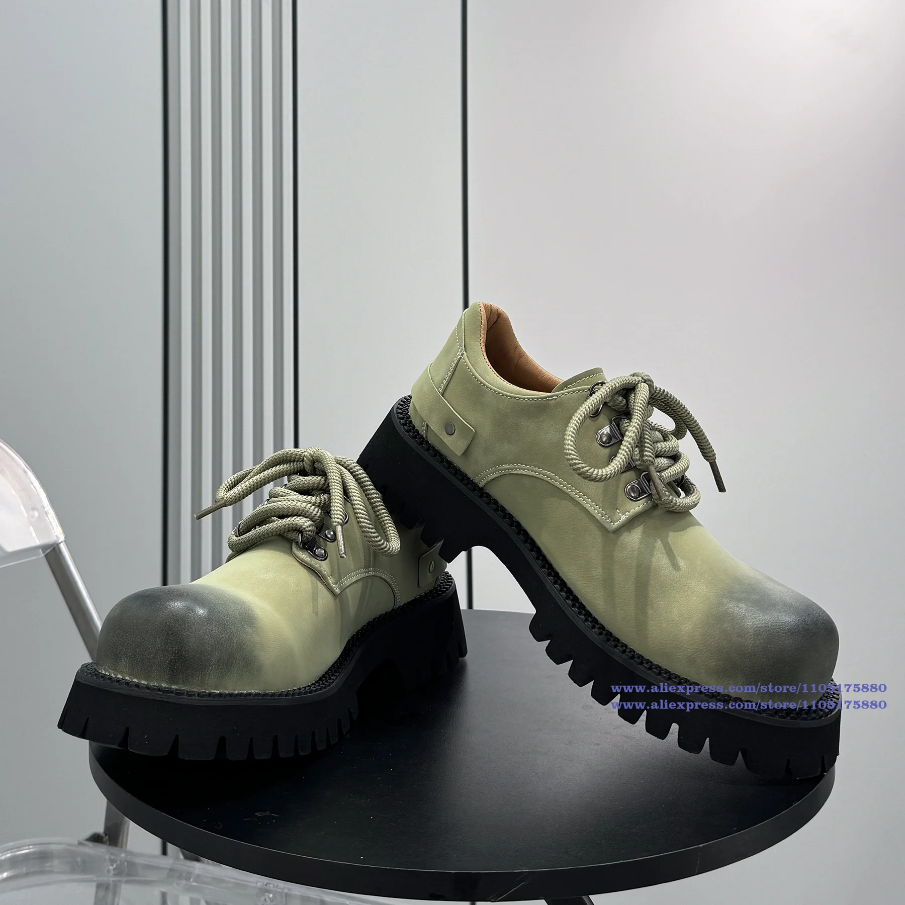 

Thick-Soled Men's Derby Shoes Round Toe Height Increasing Green/yellow Leather Men's Shoes Trendy Luxury Handmade Men's Shoes