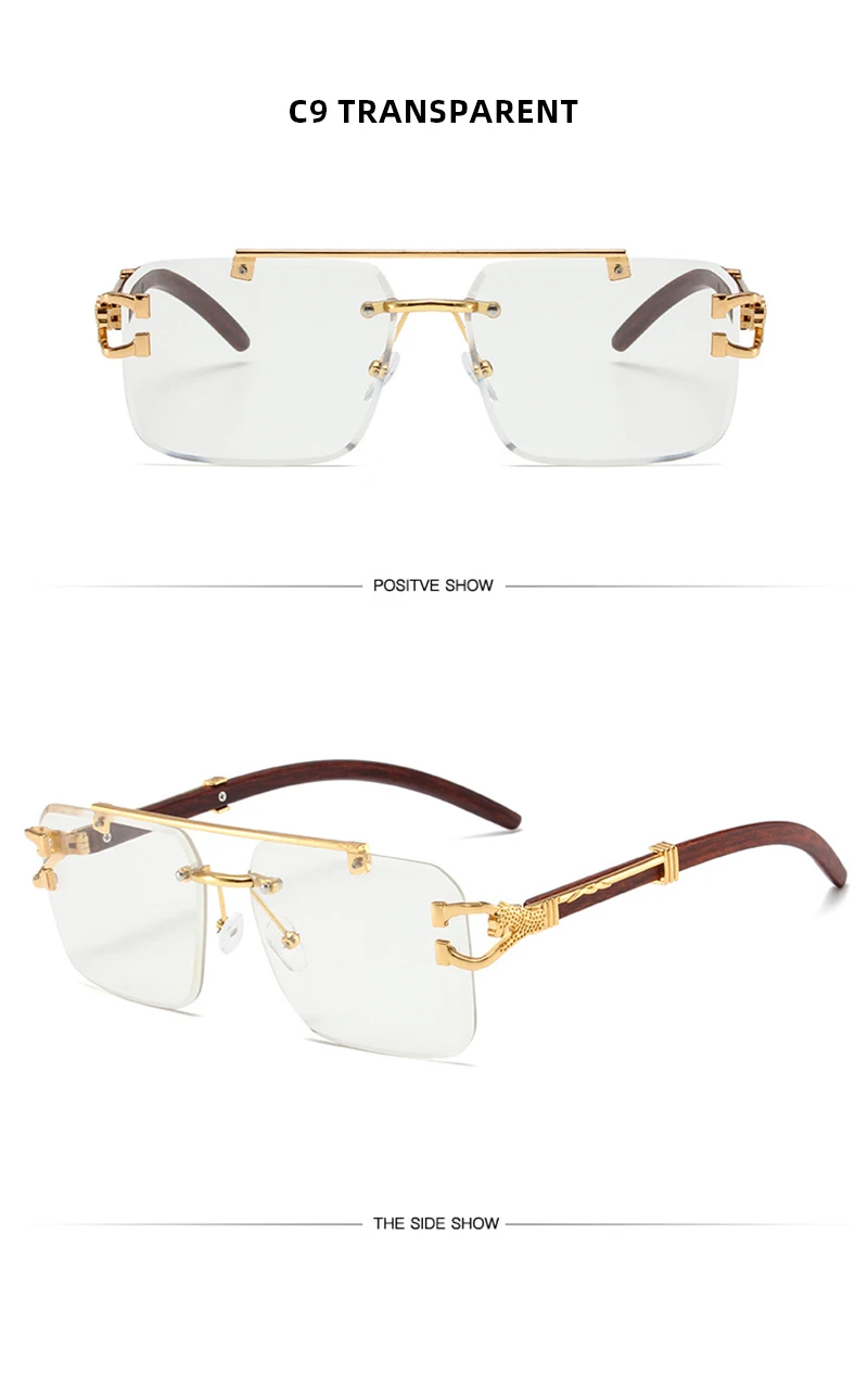 Trend Double Beam Große Sonnenbrille Männer Frauen Randlose Schnittkante Quadratische Sonnenbrille Mode Leopard Holzmaserung Shades – Detail 17