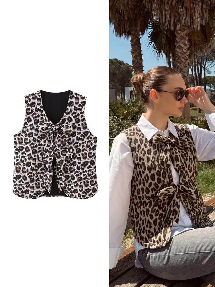 

HH Women Sexy Tie Front Bow Leopard Print Sleeveless Vest Casual Waistcoat Spring Summer Daily Vacation Outfits Women Chic Tops