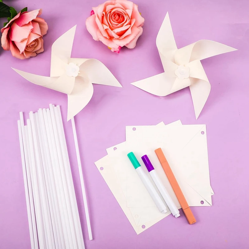 50Pcs DIY Kids Paper Pinwheels, White Blank Paper Pinwheels Blank Plastic Windmills Small Pinwheels For Kids Summer