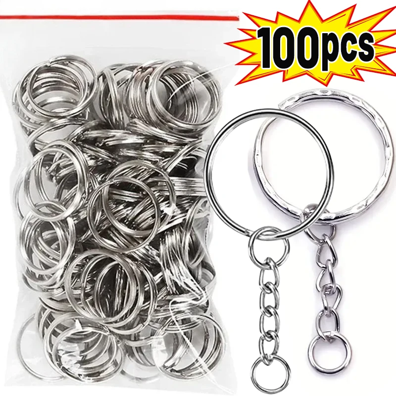 50/100pcs Stainless Steel Hole Flat Key Ring DIY Bag Pendant Buckles Making Polished Keychains Line Split Rings Jewelry Findings