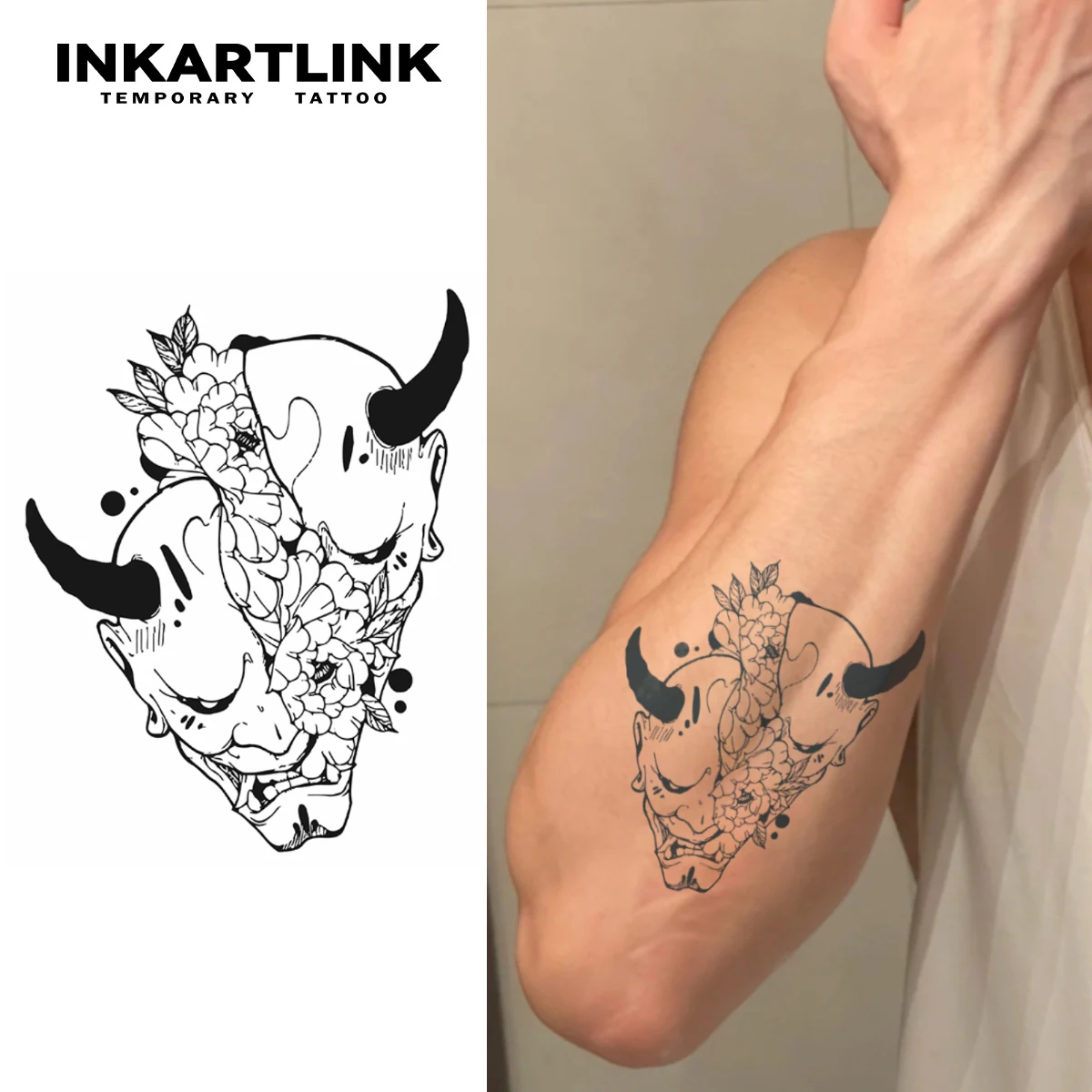 

INKARTLINK Double Ghost Tattoo Patch 1-2 Weeks Long lasting Peony Horn Dark Wind Waterproof Temporary Tattoo