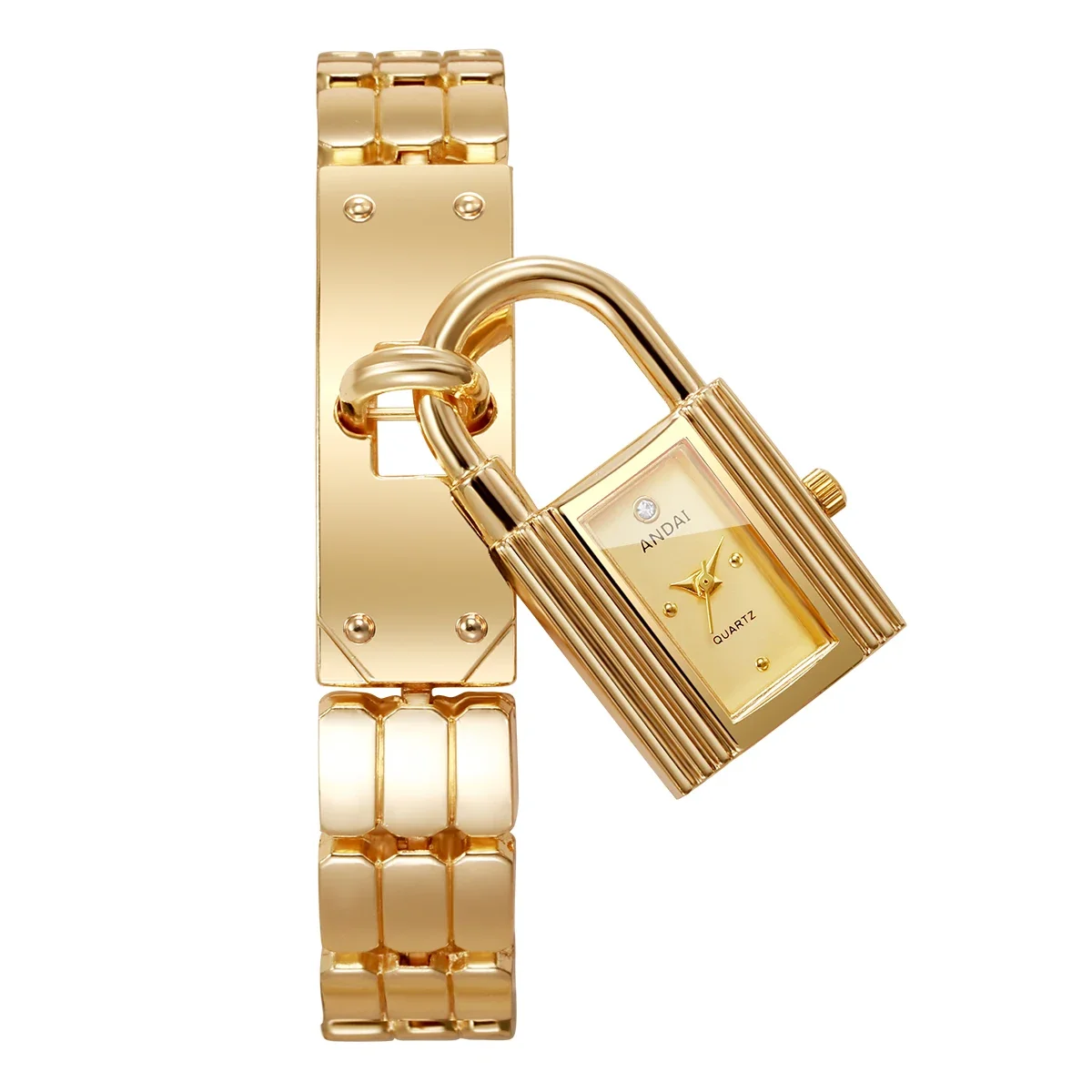 Modische Damenuhr mit Schlossanhänger, Quarzwerk, goldenes Armband, Damen-Armbanduhr, Relogio Feminino (ohne Box) – Detail 20