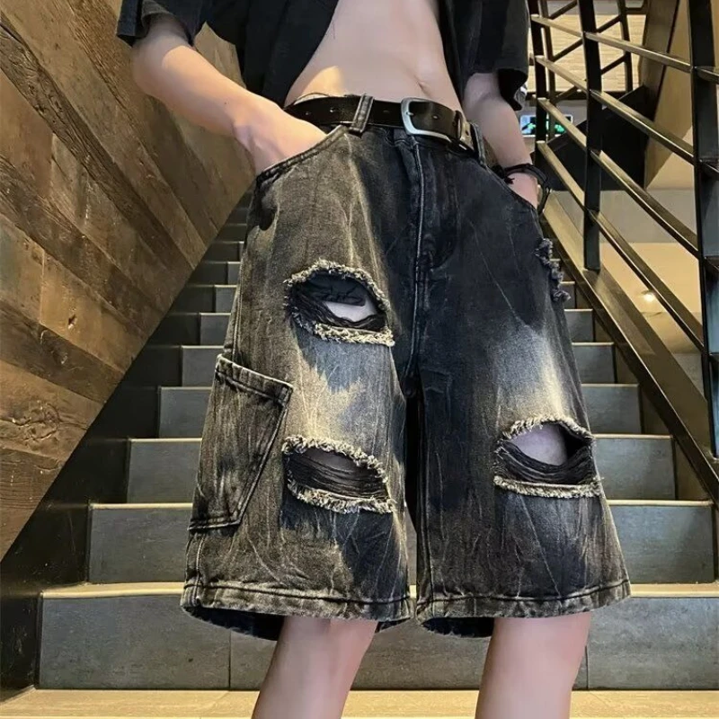 

Men's Short Jeans Pants Ripped Straight with Pockets Gray Male Denim Shorts Harajuku Distressed Thin Original Y2k Fashion Cowboy
