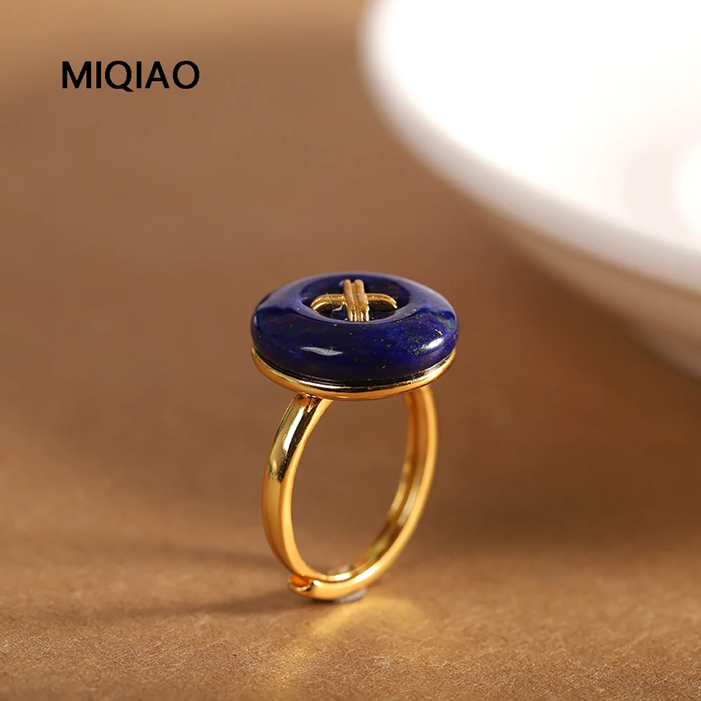 MIQIAO Button Ring Natural Stone Lapis Lazuli 925 Sterling Silver Gold-Plated Color Jewelry For Women Adjustable Fine Gift