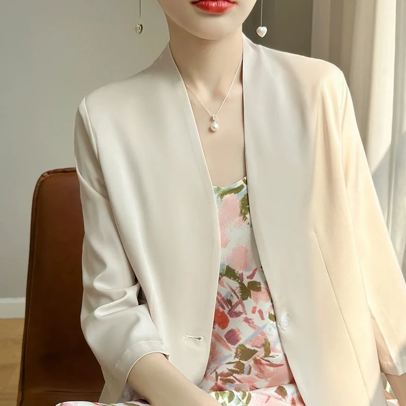 

Летний женский приталенный повседневный тонкий костюм ort Sve Jaet Pure Color V-Ne на пуговицах Белый Bla Верхняя одежда Топ